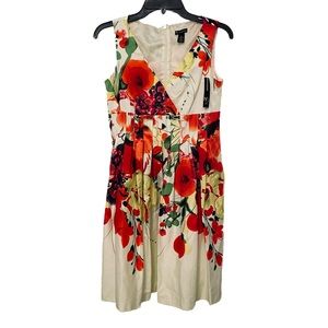 New Directions Floral Yellow Dress Womens 4 Petite Lined Pleated Zipper Reds